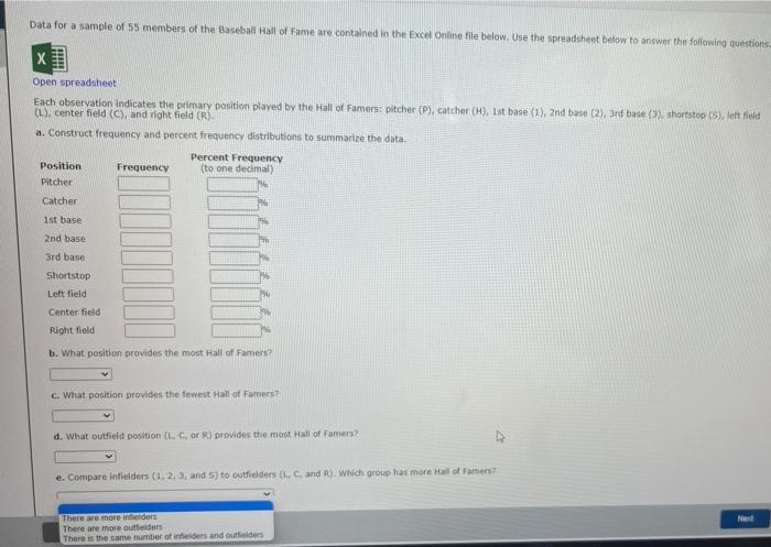 Data for a vample of 55 members of the gaseball Hail | Chegg.com