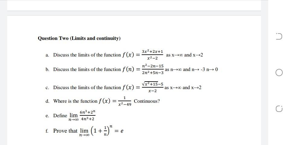 Solved Question Two (Limits and continuity) כי a. Discuss | Chegg.com