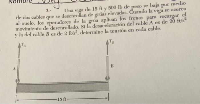 1.- Una viga de \( 15 \mathrm{ft} \) y \( 500 \mathrm{lb} \) de peso se baja por medio de dos cables que se desenrollan de gr