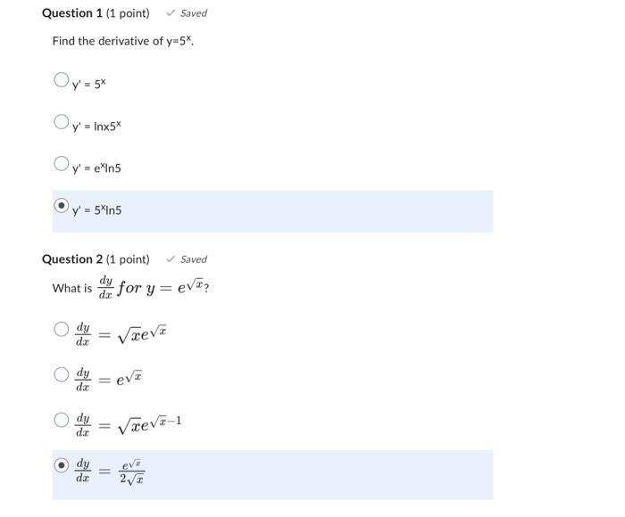 Solved Question 1 (1 point) Saved Find the derivative of | Chegg.com