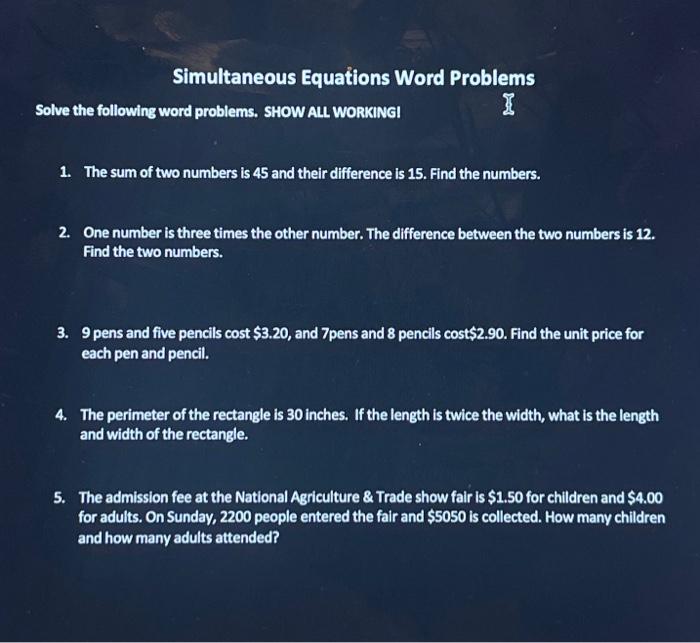 Solved Simultaneous Equations Word Problems Solve The