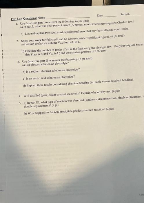 Solved 1. Use data from part 1 to answer the following. (4 | Chegg.com