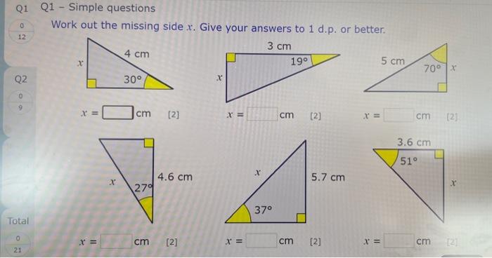 Work out the missing side \( x \). Give your answers to \( 1 \mathrm{~d} \).p. or better.