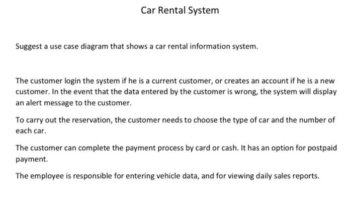 Solved Suggest a use case diagram that shows a car rental | Chegg.com