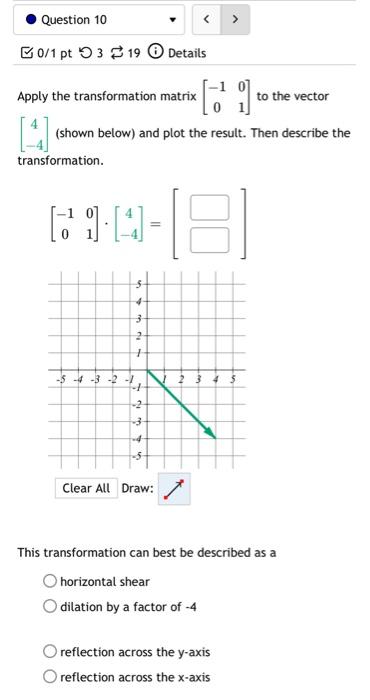 Solved Apply the transformation matrix [−1001] to the vector | Chegg.com