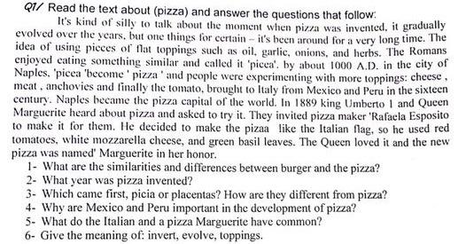 Q1/ Read the text about (pizza) and answer the | Chegg.com