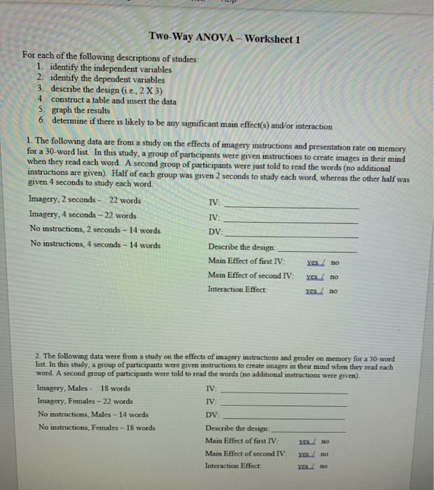 Solved: Two-Way ANOVA - Worksheet 1 For Each Of The Follow... | Chegg.com