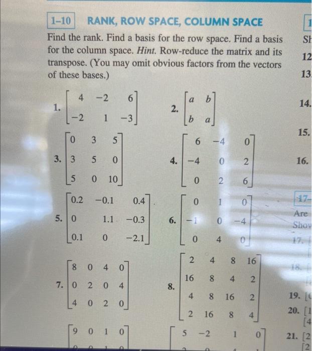 Solved RANK, ROW SPACE, COLUMN SPACE Find the rank. Find a | Chegg.com