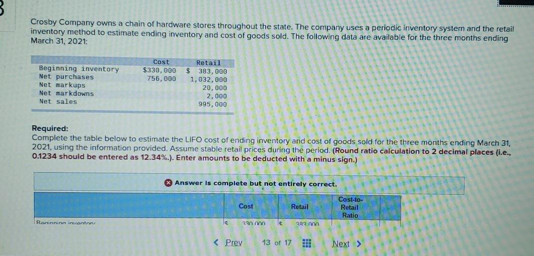 Solved Crosby Company owns a chain of hardware stores