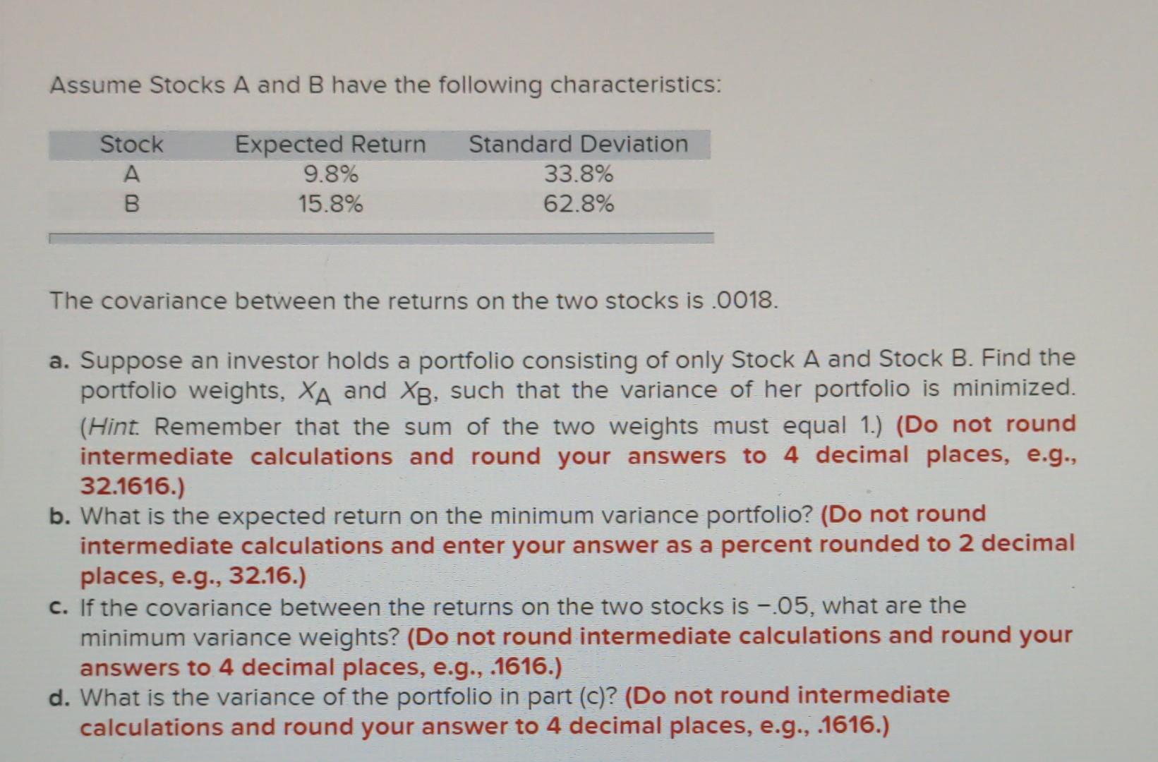 Solved Assume Stocks A And B Have The Following | Chegg.com