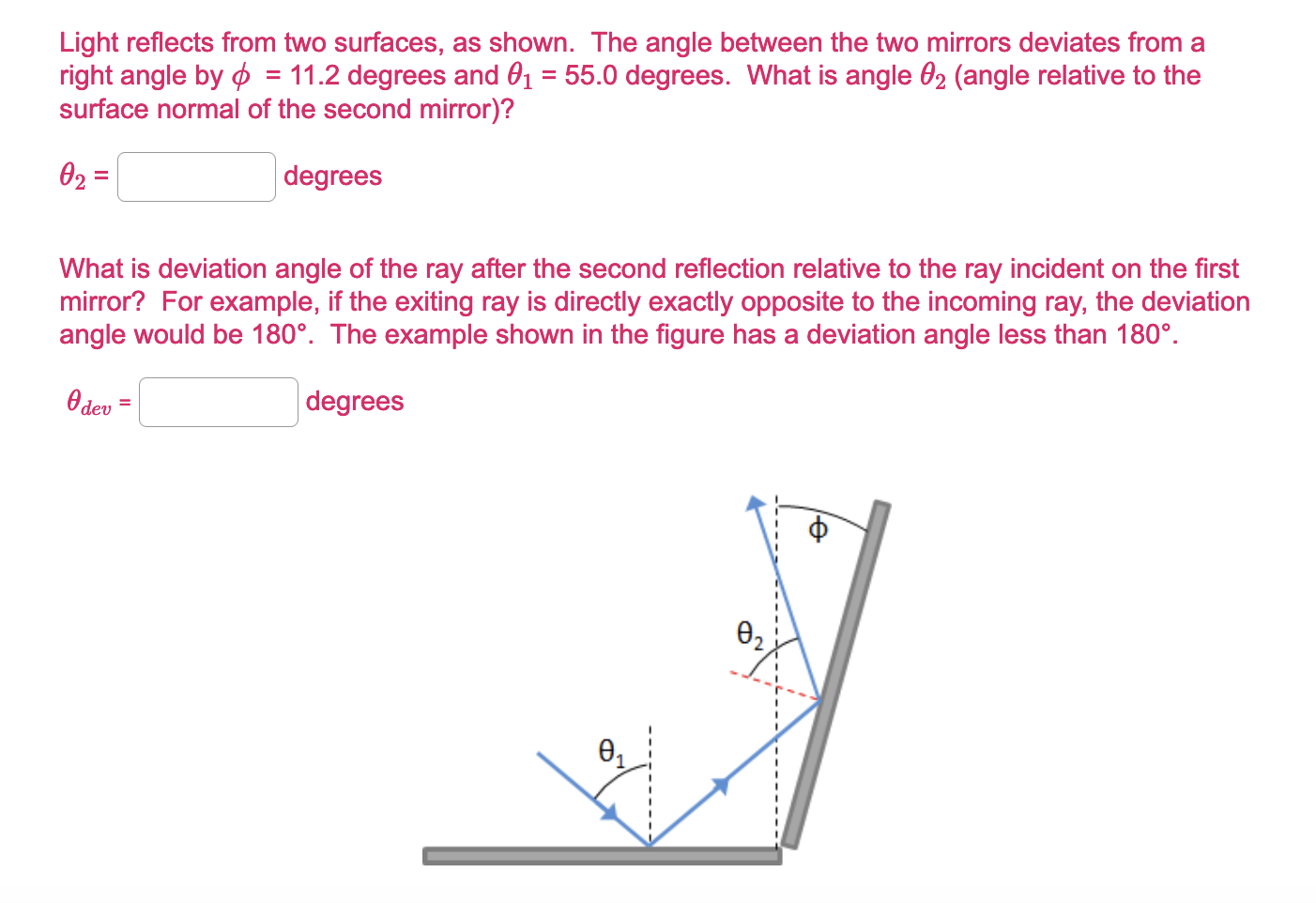 Solved Light reflects from two surfaces, as shown. The angle | Chegg.com