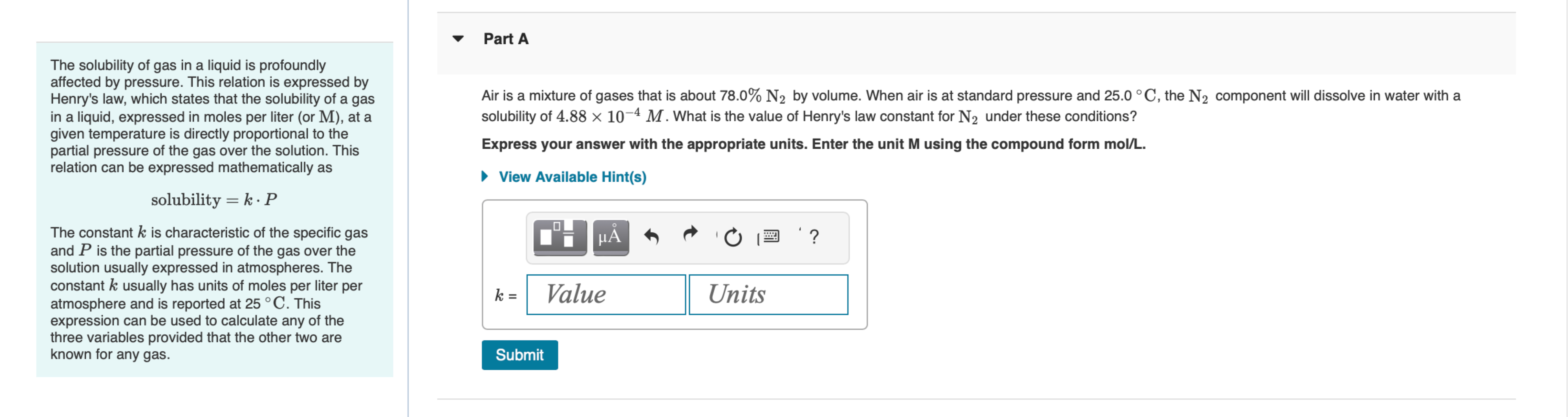 Solved The solubility of gas in a liquid is | Chegg.com