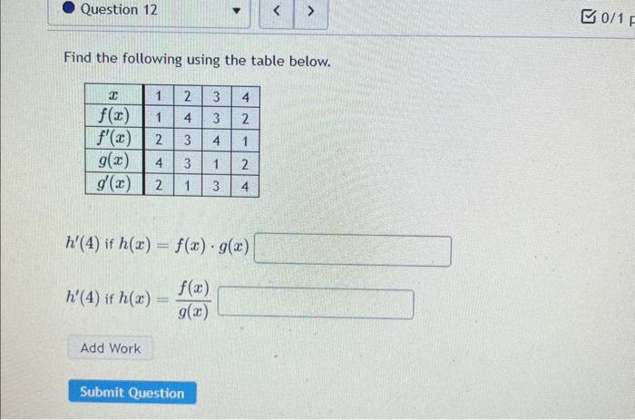 Solved Find the following using the table below. h′(4) if | Chegg.com