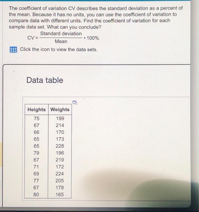 Solved The coefficient of variation CV describes the | Chegg.com