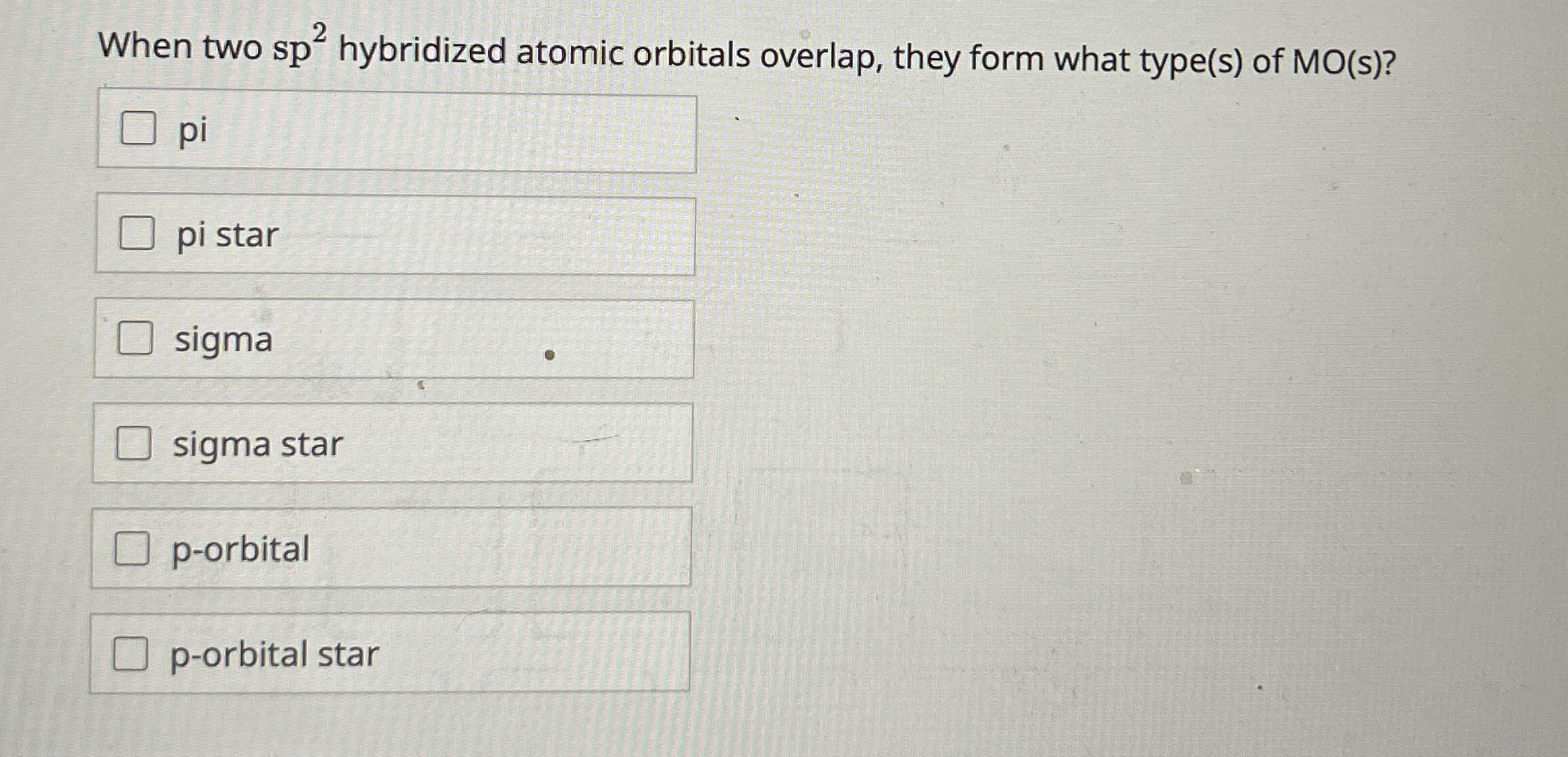 Solved When two sp2 ﻿hybridized atomic orbitals overlap, | Chegg.com
