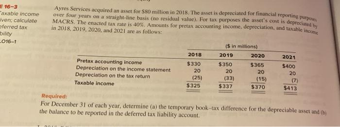 Solved E 16-3 axable income Jven, calculate eferred tax | Chegg.com