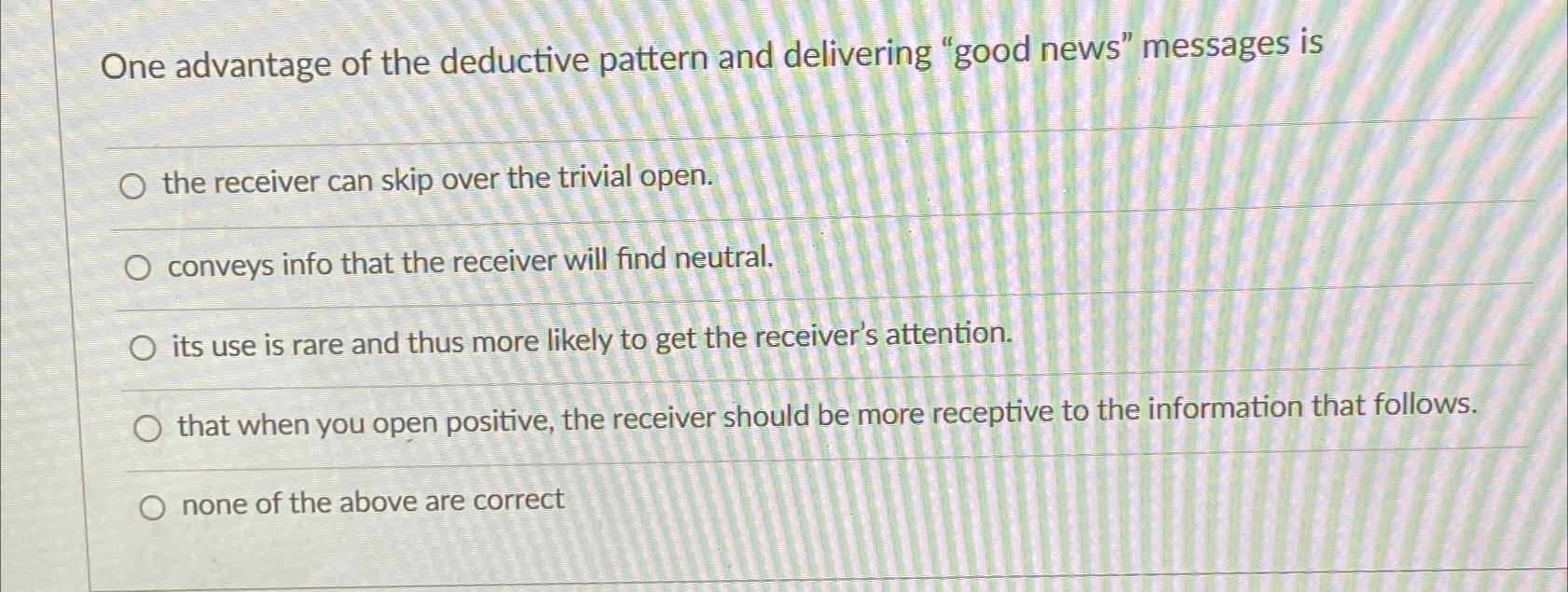 Solved One advantage of the deductive pattern and delivering | Chegg.com