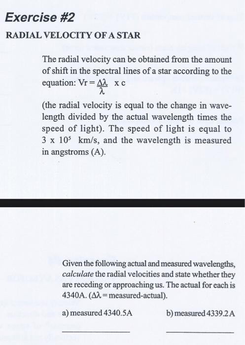 Solved Exercise #2 RADIAL VELOCITY OF A STAR The radial | Chegg.com