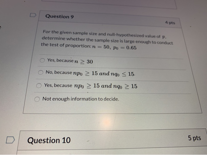 Solved Question 9 4 pts For the given sample size and | Chegg.com
