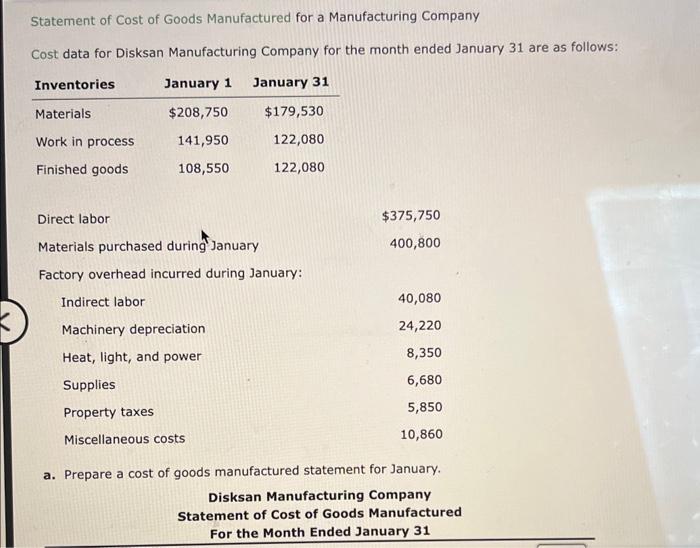 Solved Statement of Cost of Goods Manufactured for a | Chegg.com