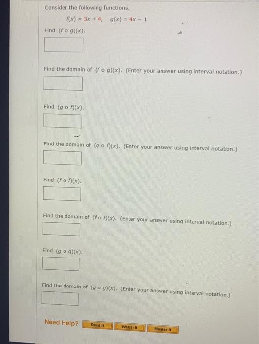 Solved Consider the following functions. f(x) = 3 = 3x + 4, | Chegg.com