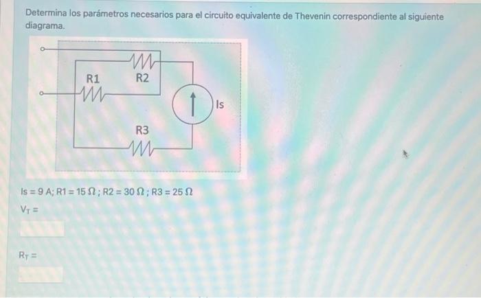 Determina los parámetros necesarios para el circuito equivalente de Thevenin correspondiente al siguiente diagrama. \[ \begin