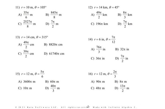 Solved 11) r = 10 m, 0 = 1050 351 8457 A) m B) m 6 8 2527 7π