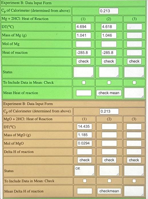 Experiment B: Data Input Form | Chegg.com