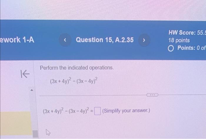 Perform the indicated operations.
\[
(3 x+4 y)^{2}-(3 x-4 y)^{2}
\]
\[
(3 x+4 y)^{2}-(3 x-4 y)^{2}=
\]