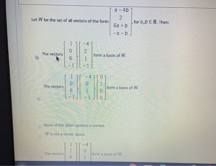 Solved Let W be the set of all vectors of the form a-4b 2 6a | Chegg.com