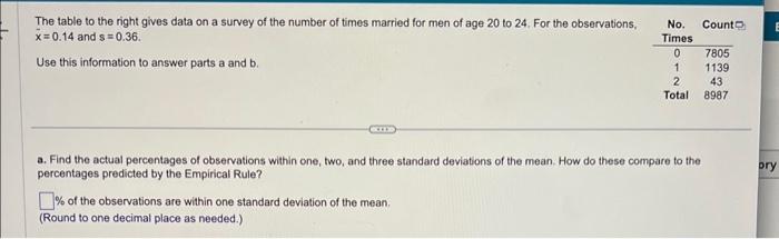 The table to the right gives data on a survey of the number of times married for men of age 20 to 24 . For the observations,