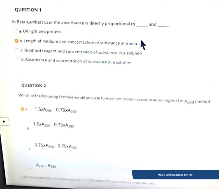 Solved Question 1 And In Beer Lambert Law The Absorbance Is Chegg Com