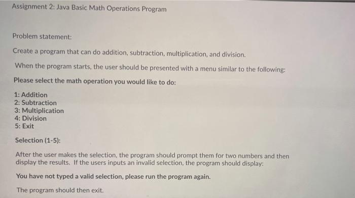 Solved Assignment 2: Java Basic Math Operations Program | Chegg.com