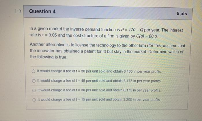 Solved Question 4 5 pts In a given market the inverse demand | Chegg.com