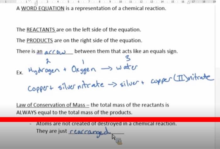 A WORD EQUATION is a representation of a chemical reaction.
The REACTANTS are on the left side of the equation.
The PRODUCTS