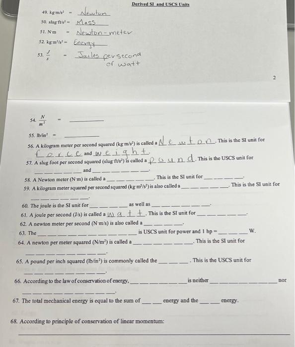 Solved Derived SI and USCS Units 49. kgm s2 Alewton S0. Chegg