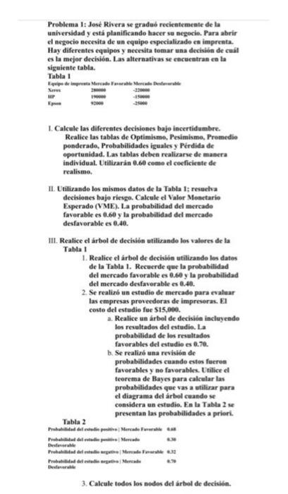 Problema I: José Rivera se gradub recientemente de la universidad y está planificando hacer sa negocio. Para abrir el negocio