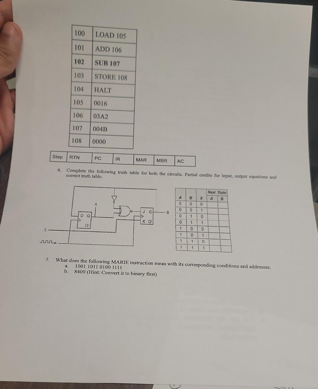 Add 106 Solved 100 LOAD 105 101 ADD 106 102 SUB 107 103 STORE 108 | Chegg.com
