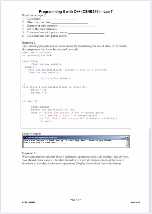 Solved Programming II with C++ (CSNB244) - Lab 7 Topics: | Chegg.com