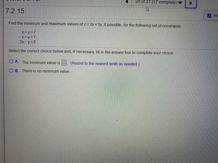 Solved 20 of 27 (17 complete) 7.2.15 As Find the minimum and | Chegg.com