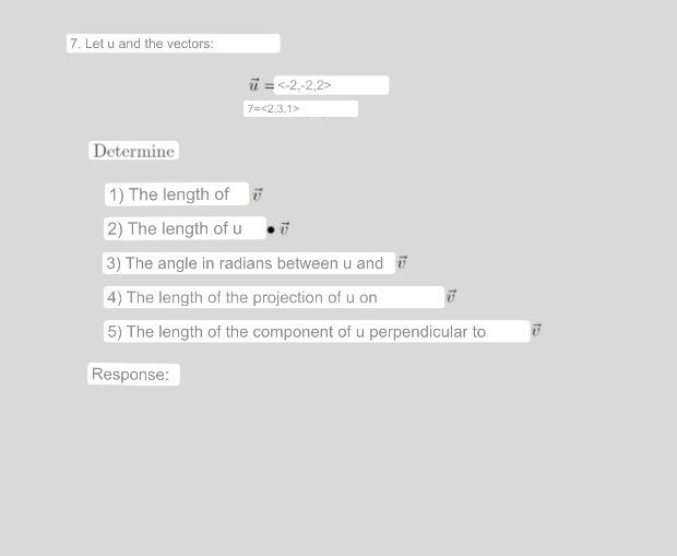 3) The angle in radians between \( u \) and \( \vec{v} \)