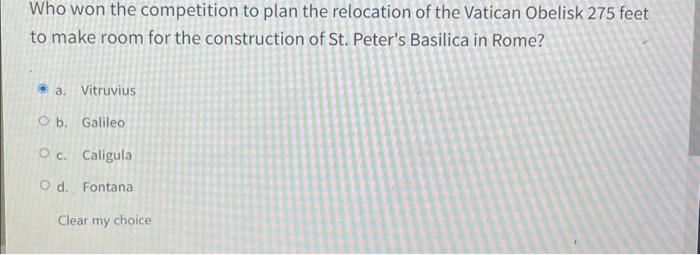 Who won the competition to plan the relocation of the Vatican Obelisk 275 feet to make room for the construction of St. Peter