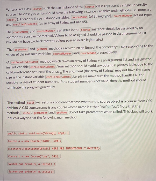 Solved Write a java class Course such that an instance of | Chegg.com