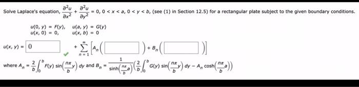 Solve Laplaces equation, \( \frac{\partial^{2} u}{\partial x^{2}}+\frac{\partial^{2} u}{\partial y^{2}}=0,0<x<a, 0<y<b \), (