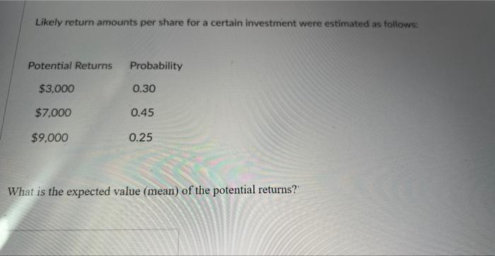 Solved Likely return amounts per share for a certain | Chegg.com