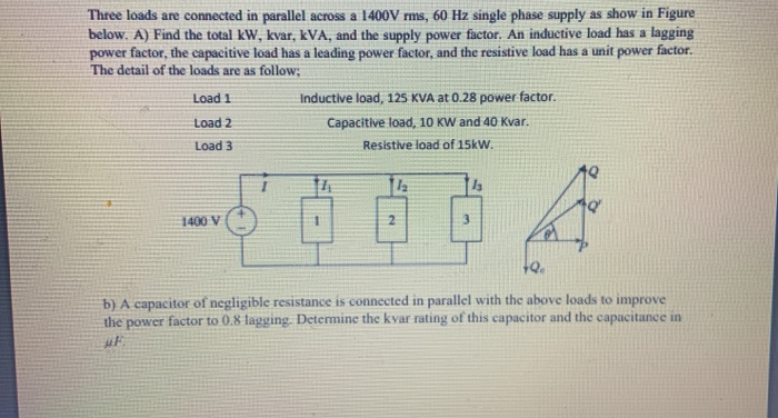 Solved Three loads are connected in parallel across a 1400V | Chegg.com