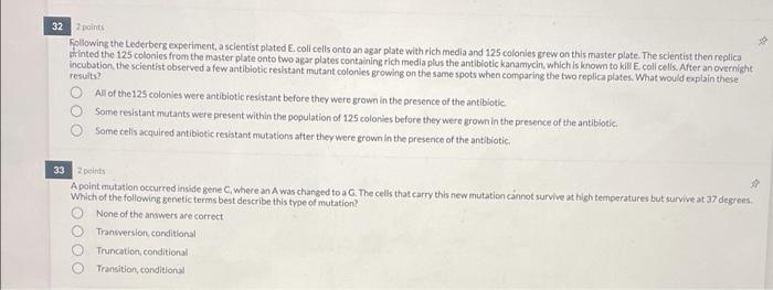 Solved 32 points Following the Lederberg experiment, a | Chegg.com