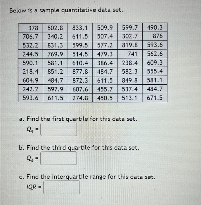 Solved Below is a sample quantitative data set. a. Find the