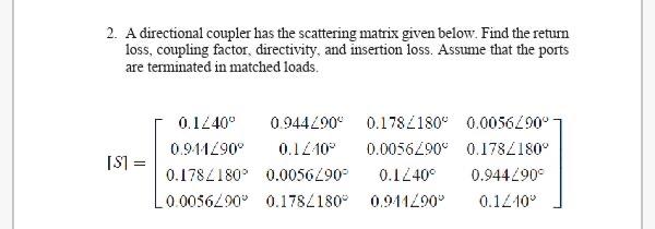 Solved 2. A directional coupler has the scattering matrix | Chegg.com