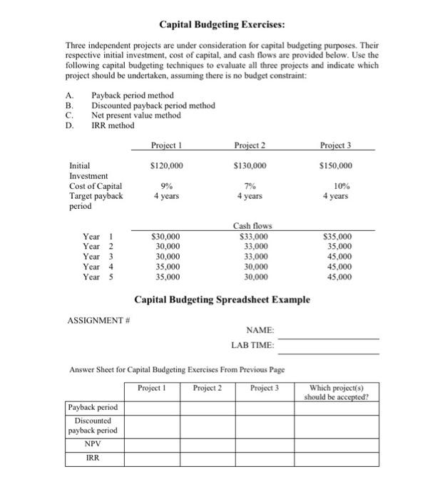 Solved Capital Budgeting Exercises: Three Independent | Chegg.com